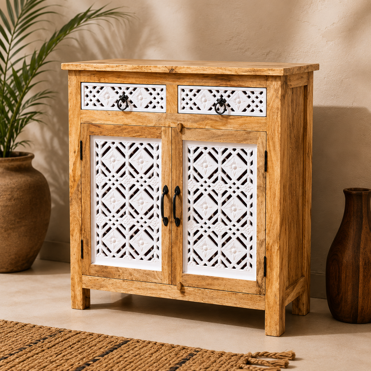 Rustic Wooden Cabinet with Carved Panel Doors
