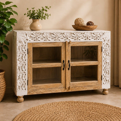 Hand-Carved Display Cabinet with Glass Doors