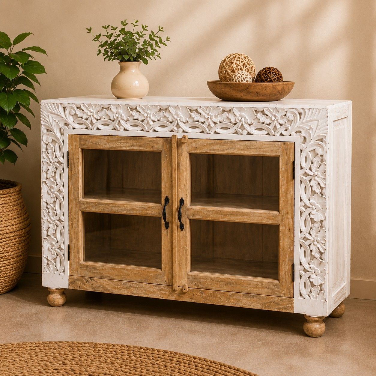 Hand-Carved Display Cabinet with Glass Doors