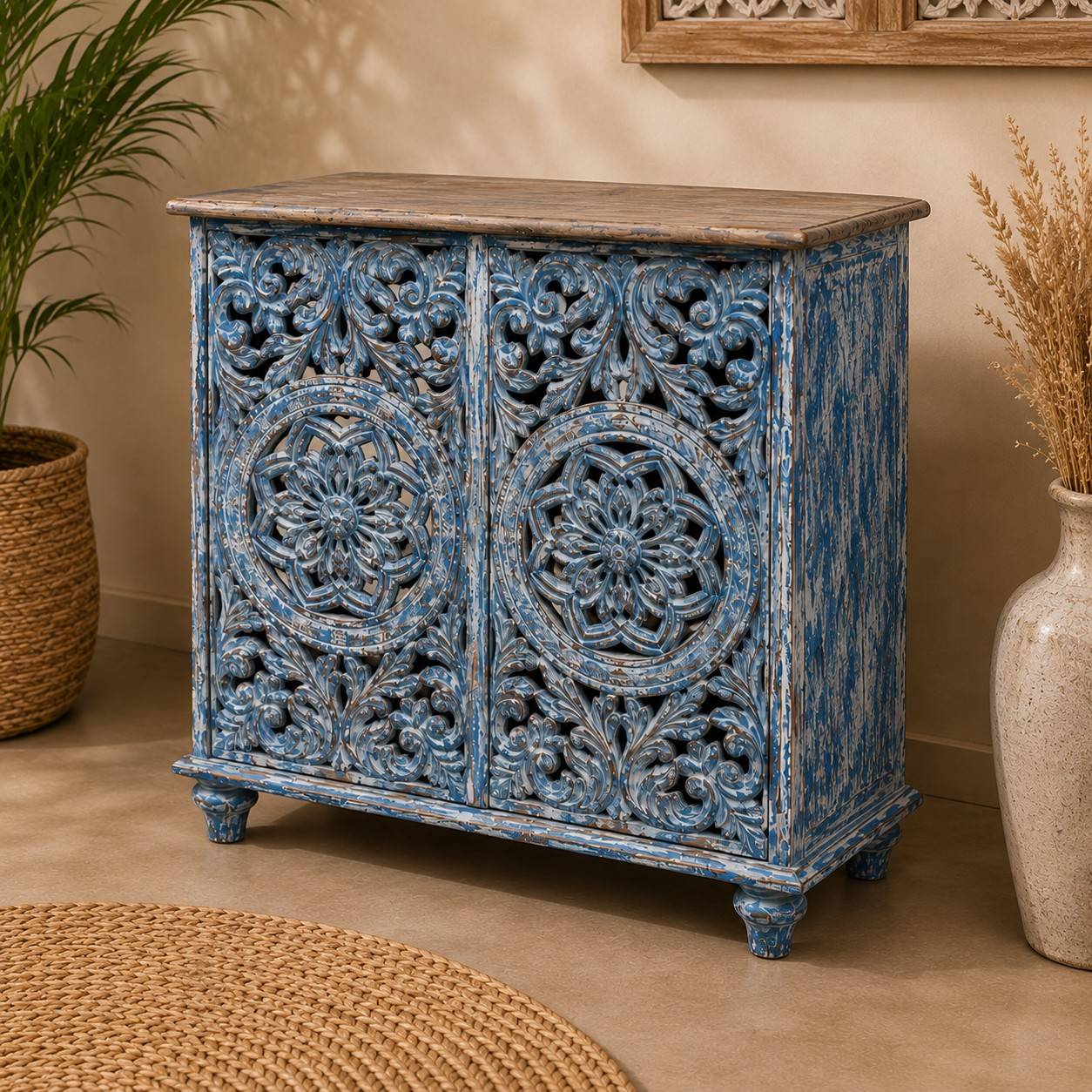Hand-Carved Blue Wash Storage Cabinet