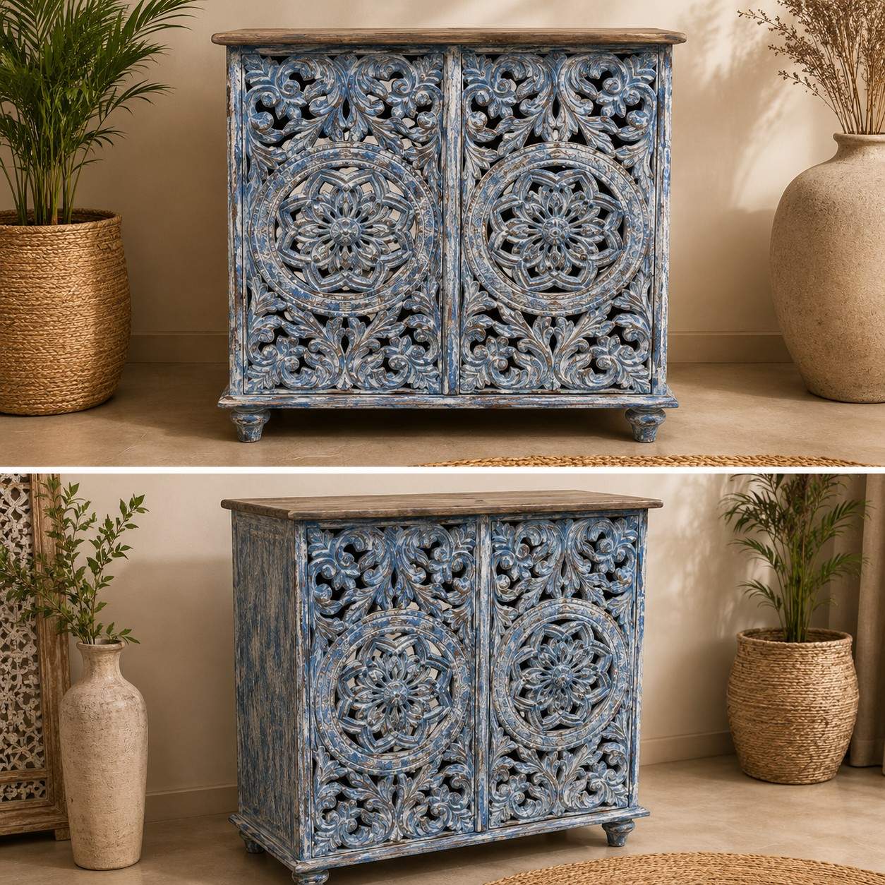 Hand-Carved Blue Wash Storage Cabinet
