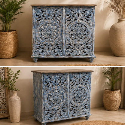 Hand-Carved Blue Wash Storage Cabinet