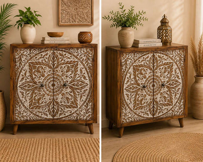 Hand-Carved Floral Mandala Storage Cabinet
