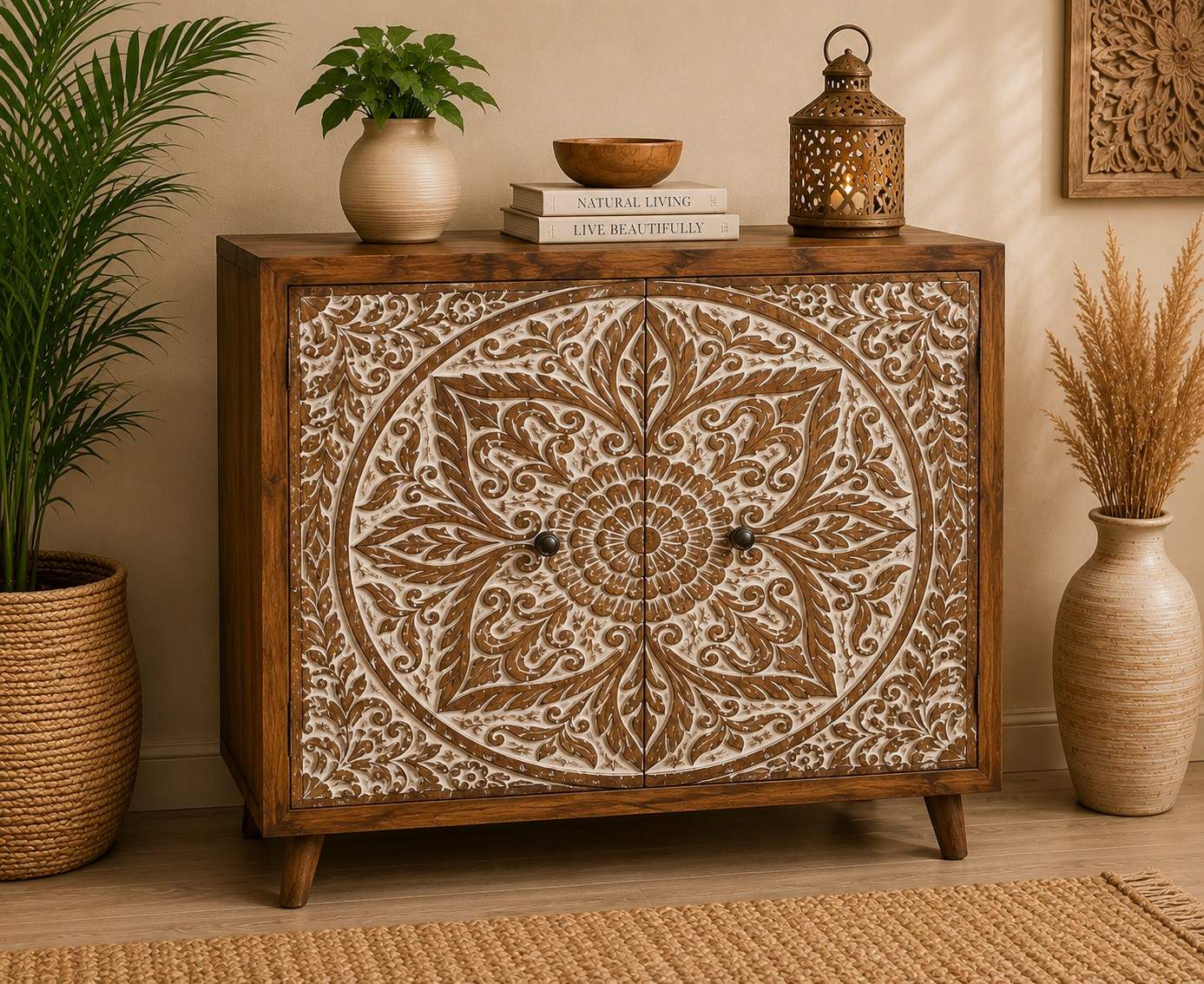 Hand-Carved Floral Mandala Storage Cabinet