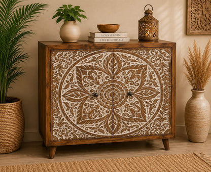 Hand-Carved Floral Mandala Storage Cabinet