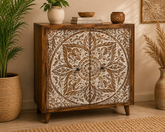 Hand-Carved Floral Mandala Storage Cabinet