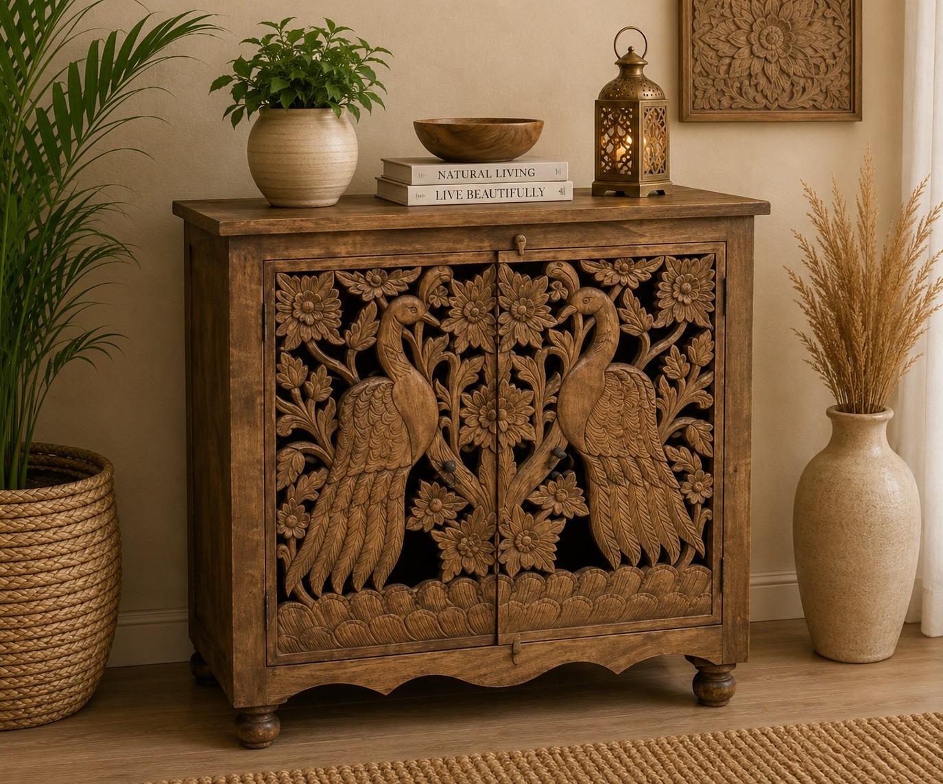 Hand-Carved Peacock Storage Cabinet