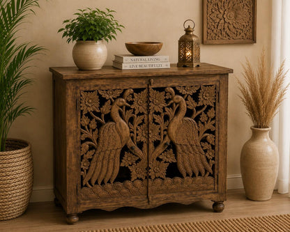 Hand-Carved Peacock Storage Cabinet