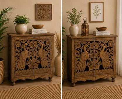 Hand-Carved Peacock Storage Cabinet