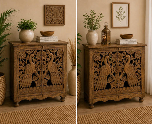Hand-Carved Peacock Storage Cabinet