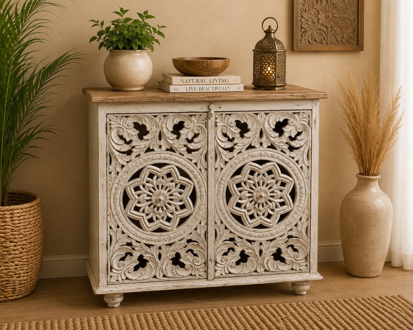 Hand-Carved White Floral Storage Cabinet