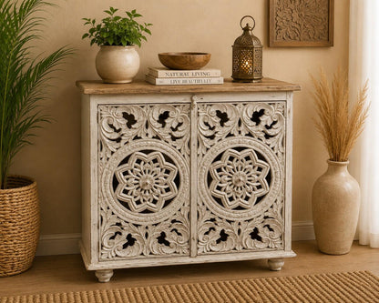 Hand-Carved White Floral Storage Cabinet