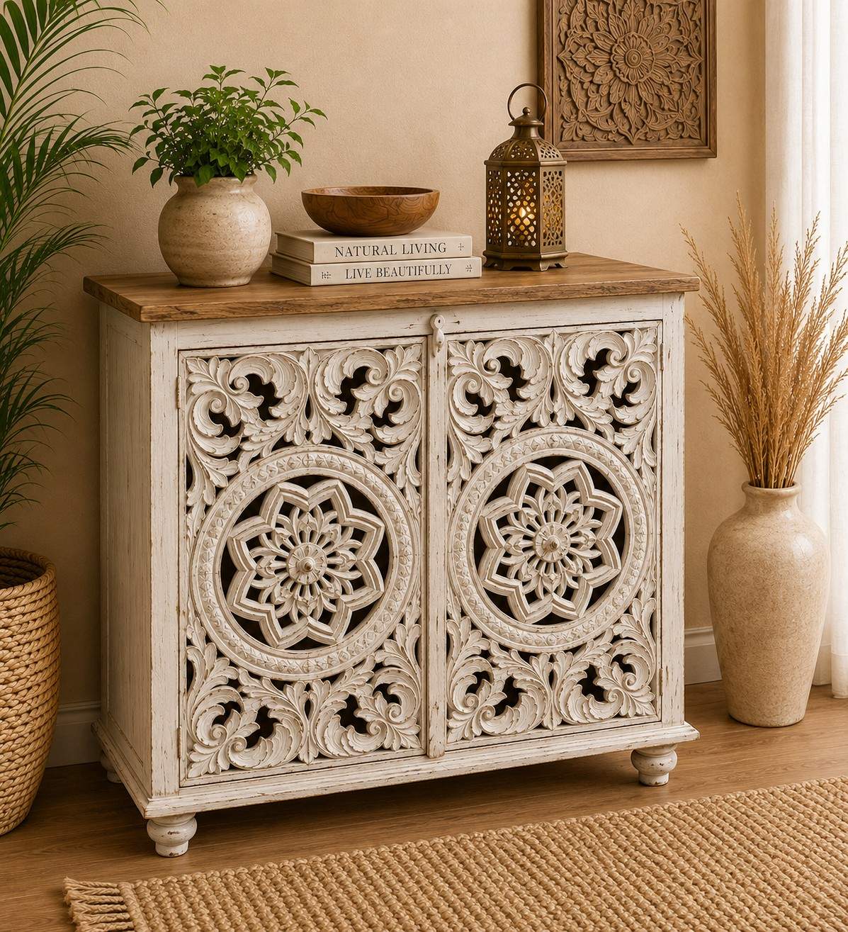 Hand-Carved White Floral Storage Cabinet