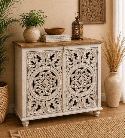Hand-Carved White Floral Storage Cabinet