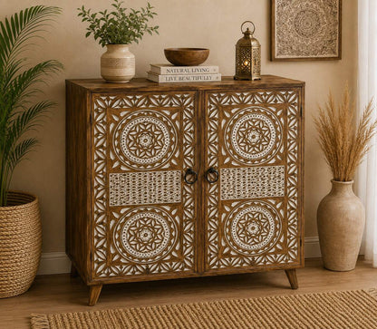 Hand-Carved Geometric Floral Storage Cabinet