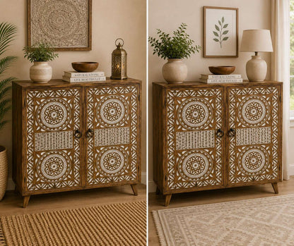 Hand-Carved Geometric Floral Storage Cabinet