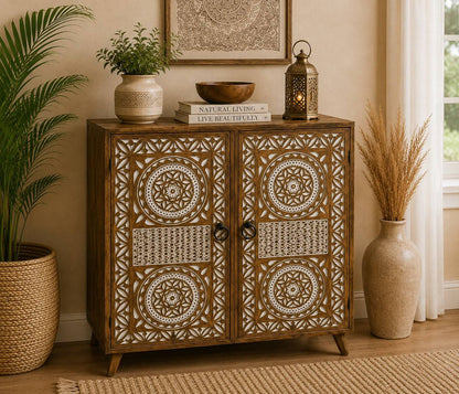 Hand-Carved Geometric Floral Storage Cabinet