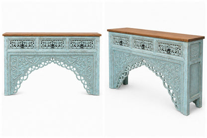 Hand-Carved Distressed Console Table with Drawers