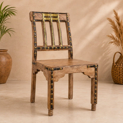 Rustic Wooden Dining Chair with Brass Accent Detailing