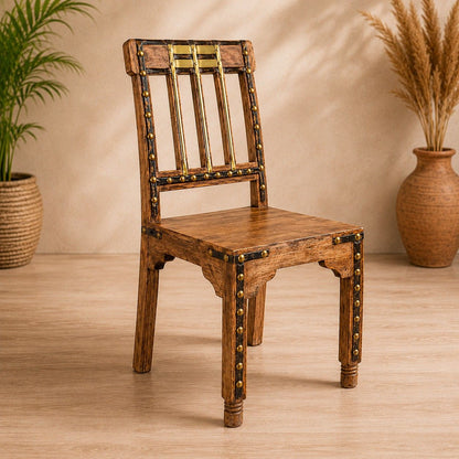Rustic Wooden Dining Chair with Brass Accent Detailing
