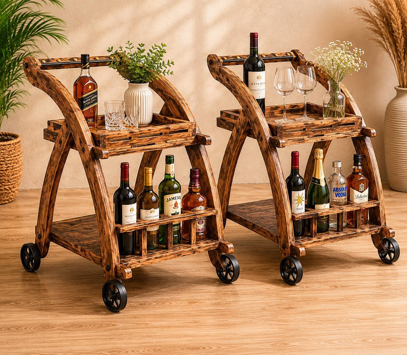 Rustic Wooden Bar Trolley with Storage Shelves