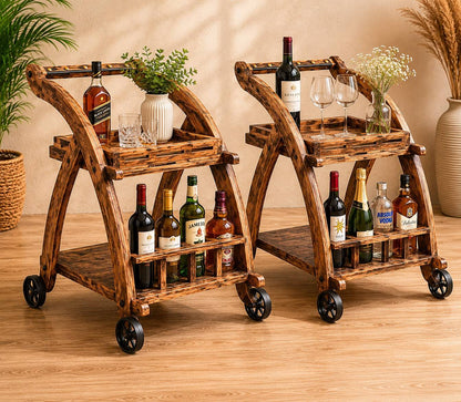 Rustic Wooden Bar Trolley with Storage Shelves
