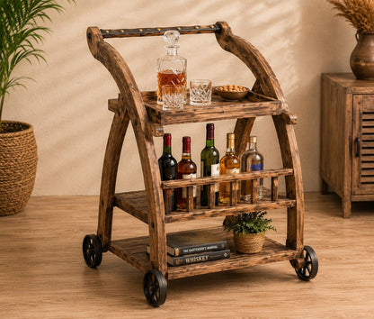 Rustic Wooden Bar Trolley with Storage Shelves