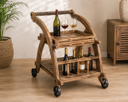 Rustic Wooden Bar Trolley with Storage Shelves