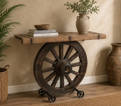 Vintage Cart Wheel Console Table