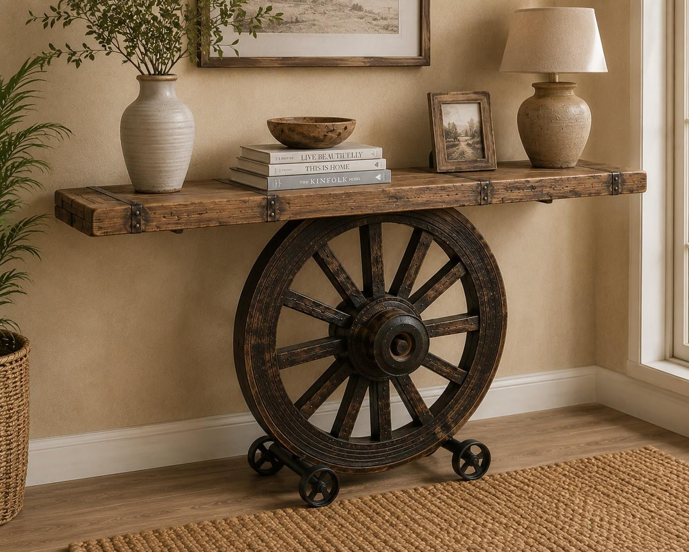 Vintage Cart Wheel Console Table