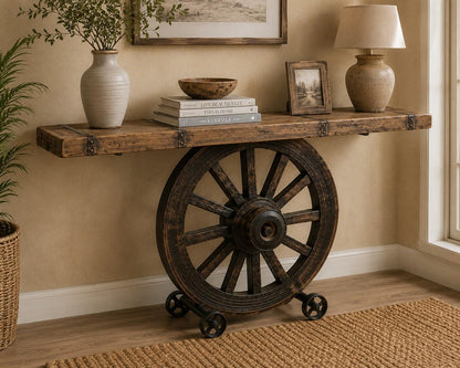 Vintage Cart Wheel Console Table