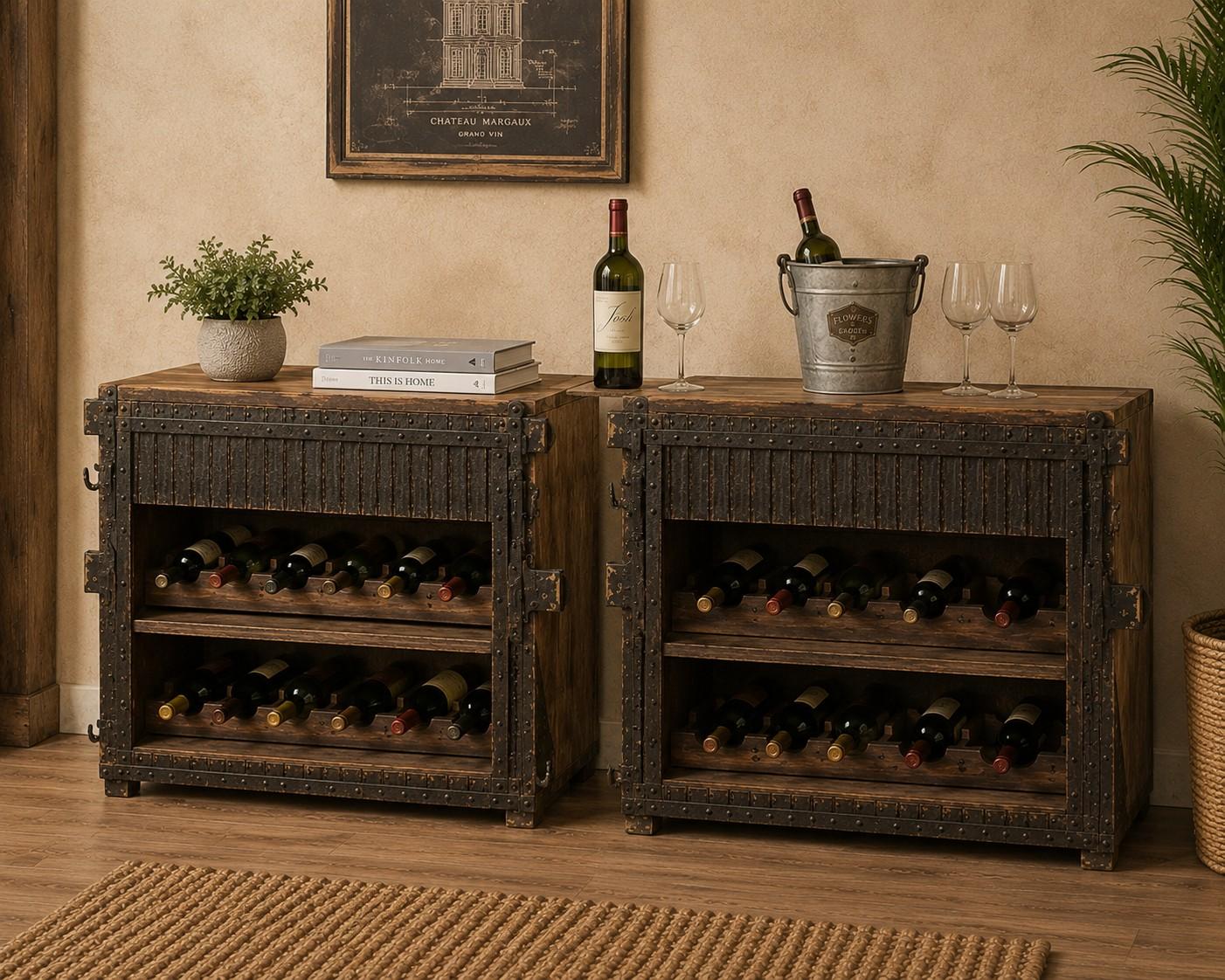 Rustic Wooden Wine Bar Cabinet with Sliding Door