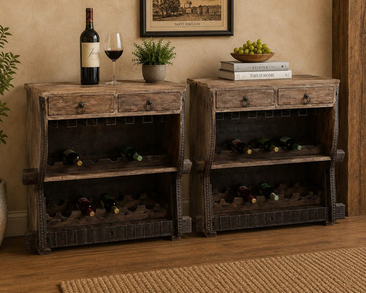 Rustic Wooden Wine Bar Cabinet with Roll-Top Door