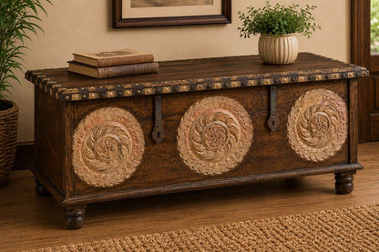 Handcrafted Wooden Storage Chest with Decorative Metal Medallions