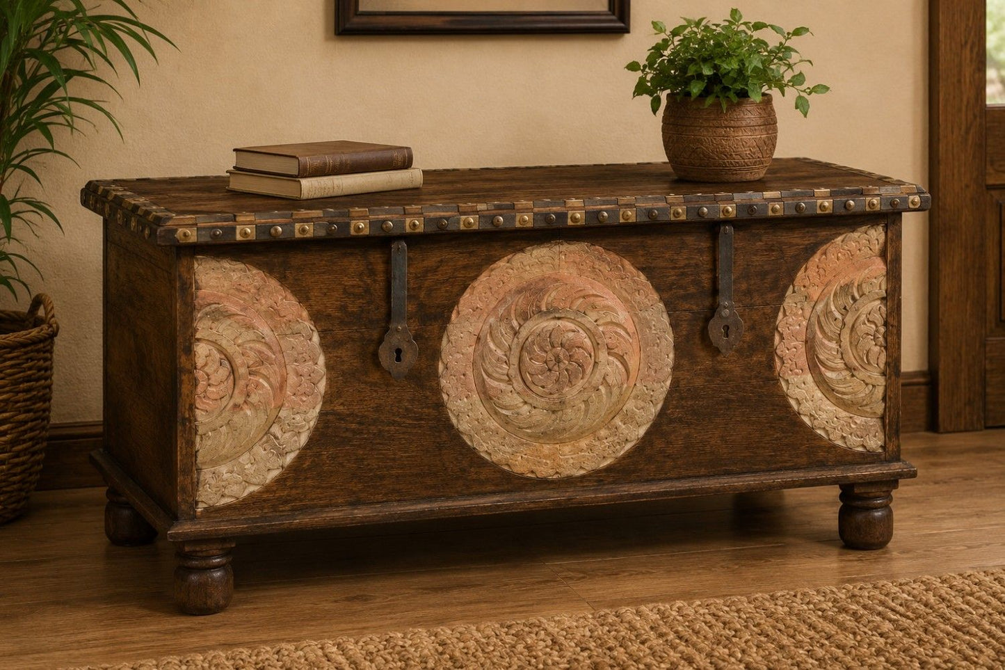 Handcrafted Wooden Storage Chest with Decorative Metal Medallions