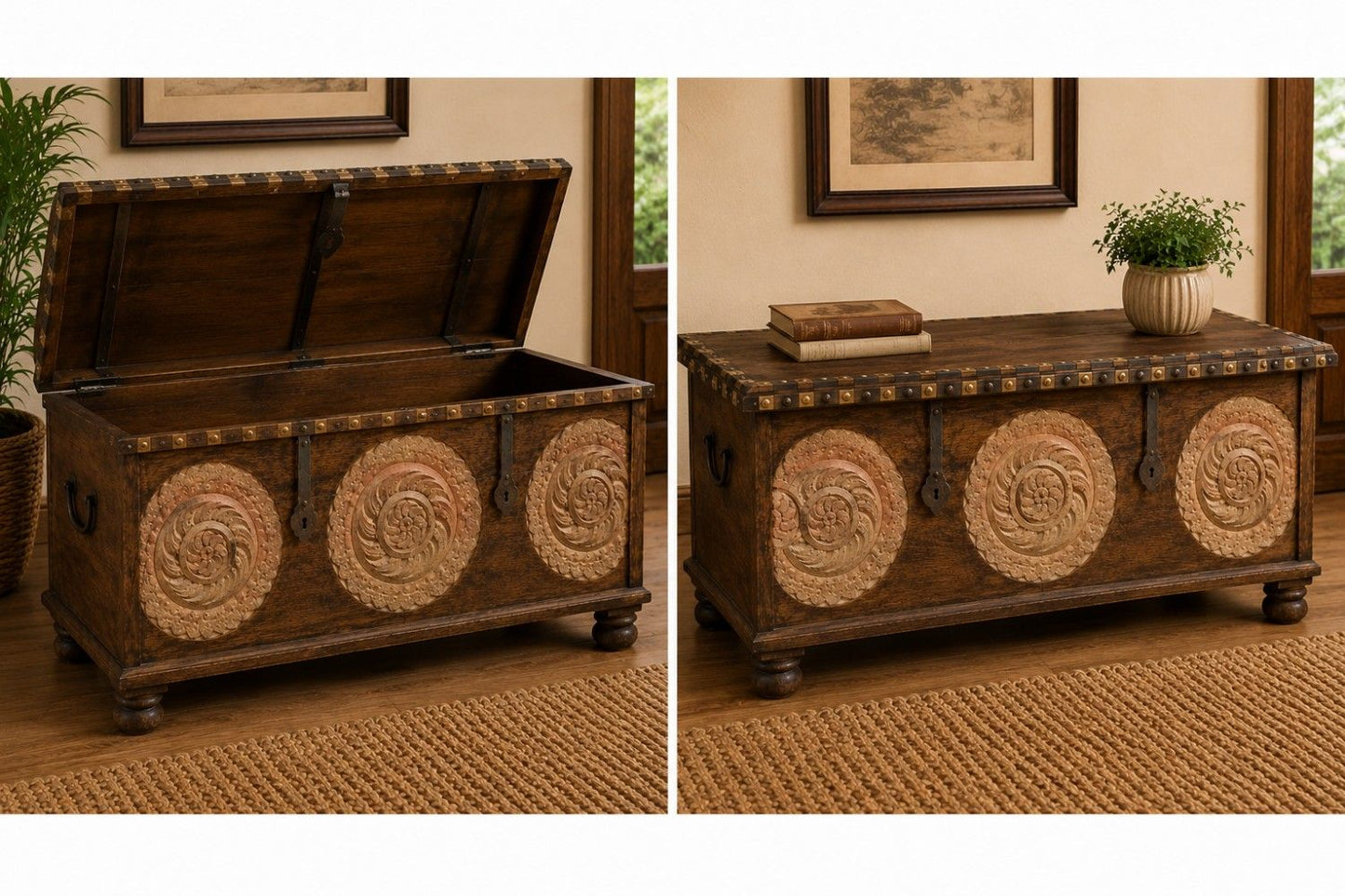 Handcrafted Wooden Storage Chest with Decorative Metal Medallions