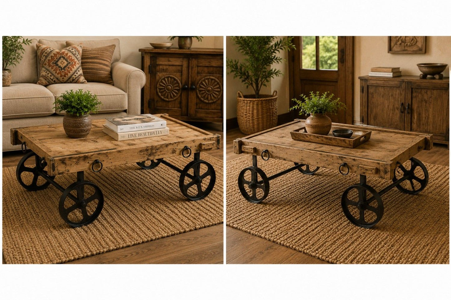 Industrial Cart-Style Wooden Coffee Table