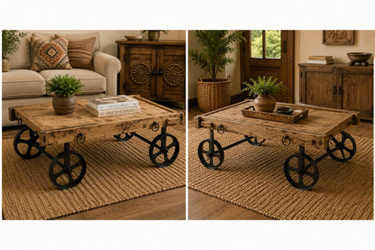 Industrial Cart-Style Wooden Coffee Table