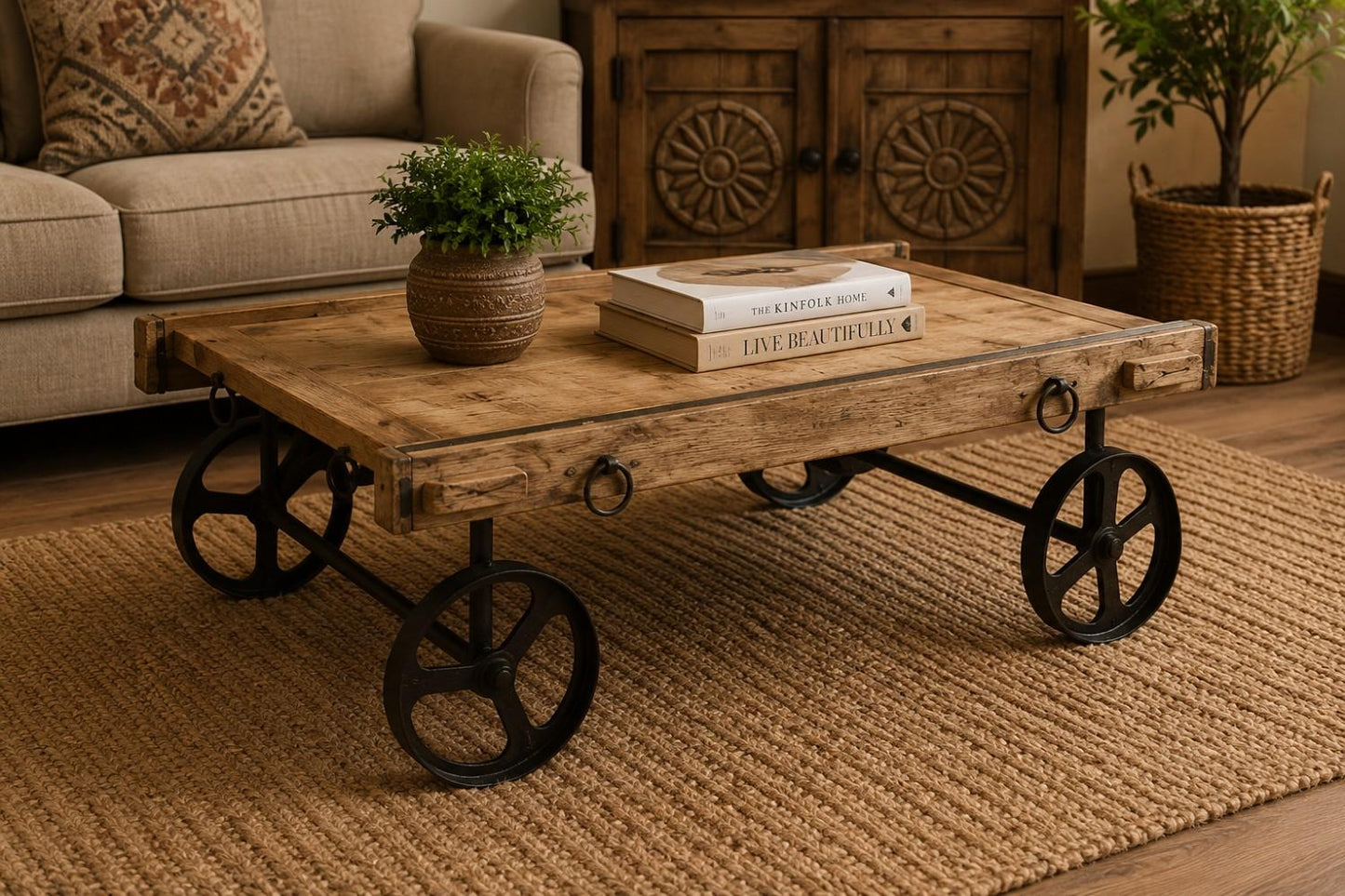 Industrial Cart-Style Wooden Coffee Table
