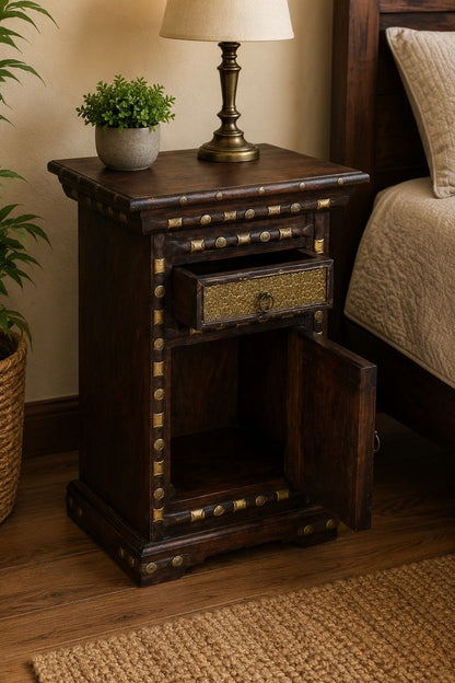 Rustic Wooden Bedside Cabinet with Drawer and Storage Compartment