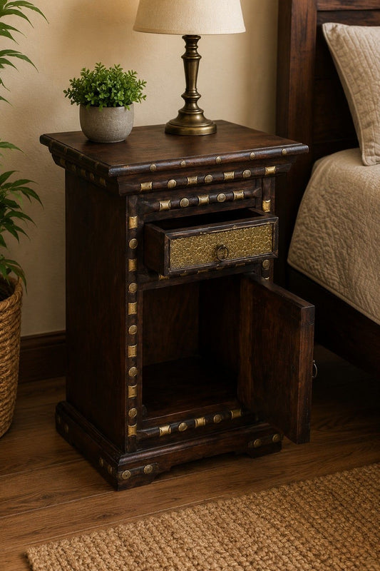 Rustic Wooden Bedside Cabinet with Drawer and Storage Compartment