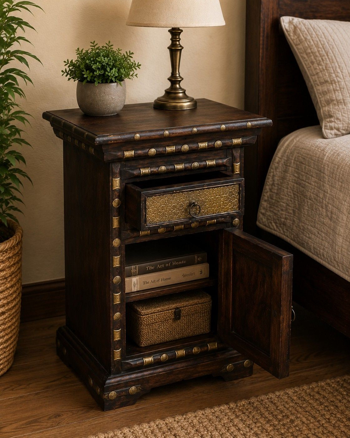 Rustic Wooden Bedside Cabinet with Drawer and Storage Compartment