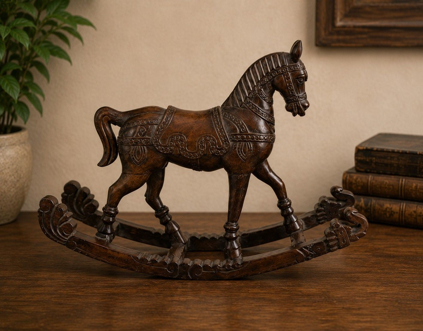 Hand-Carved Wooden Rocking Horse Sculpture