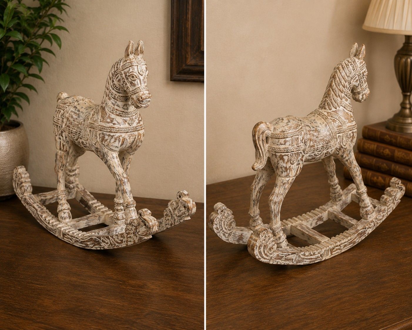 Hand-Carved Rustic Wooden Rocking Horse Sculpture