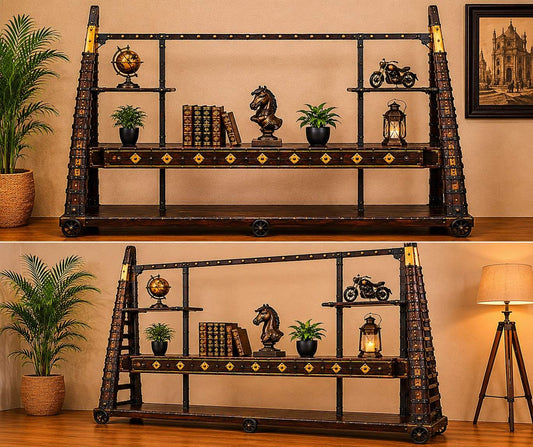 Industrial Iron & Wood Display Rack Cabinet