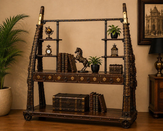Industrial Iron & Wood Display Rack Cabinet