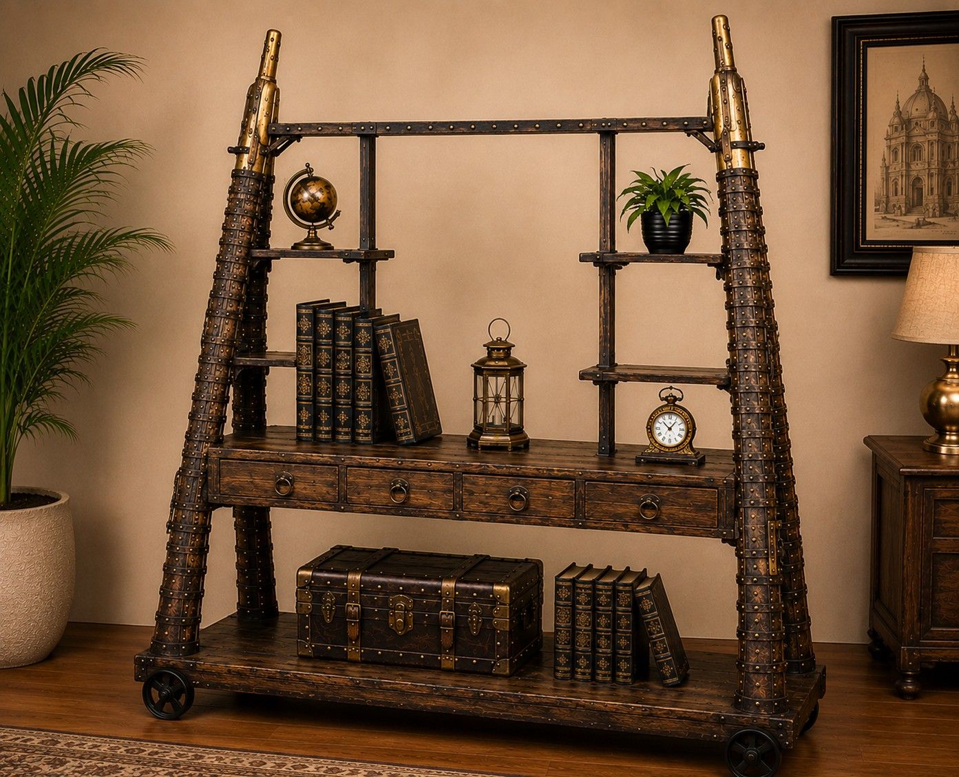 Industrial Iron & Wood Display Cabinet with Drawers
