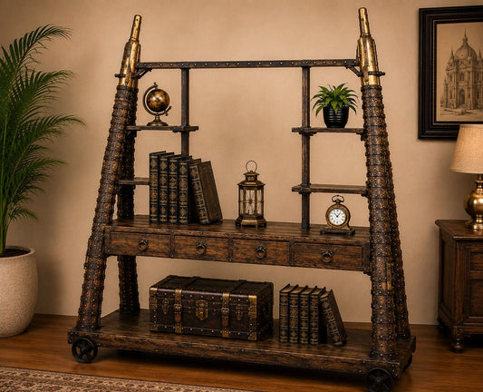 Industrial Iron & Wood Display Cabinet with Drawers