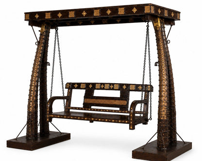 Luxury Brass & Wood Swing with Ornamental Detailing