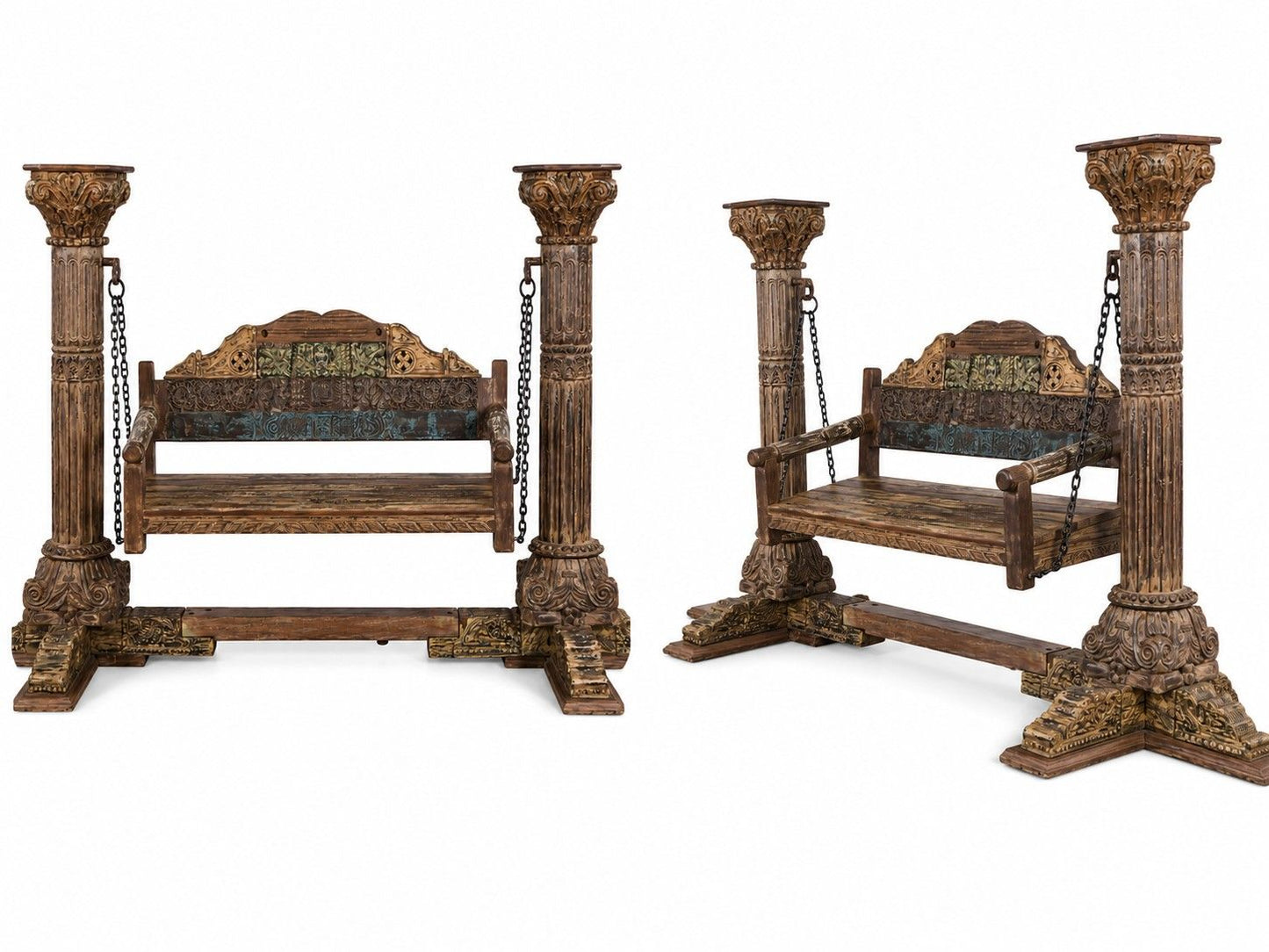 Hand-Carved Pillar Swing with Antique Finish